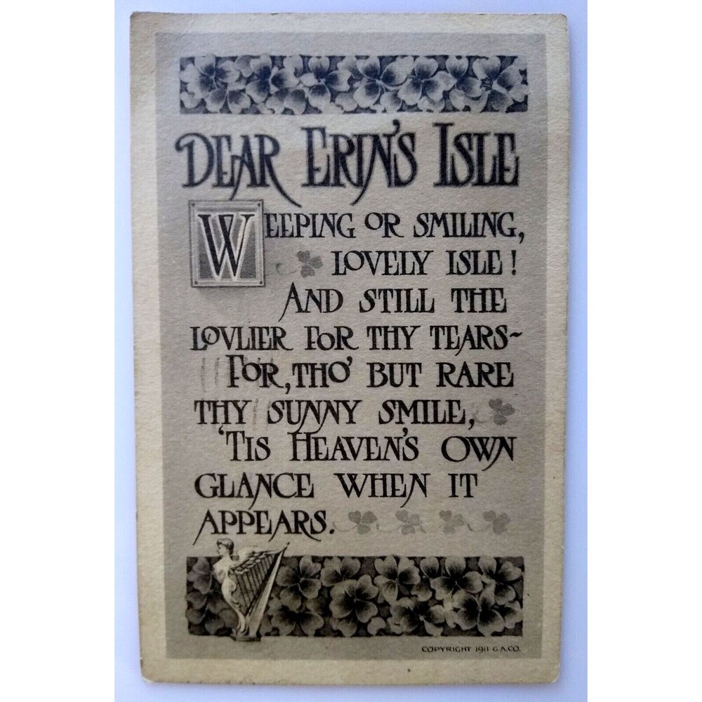 St Patrick's Day Postcard Dear Erin's Isle Poem Gibson 1911 Hard Clovers Vintage